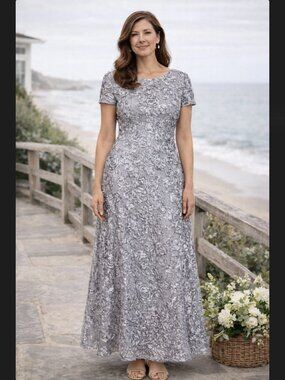 Alex Evenings 16P Gray Sequin Lace Gown Rosette A-Line Formal Maxi Shimmer NWT